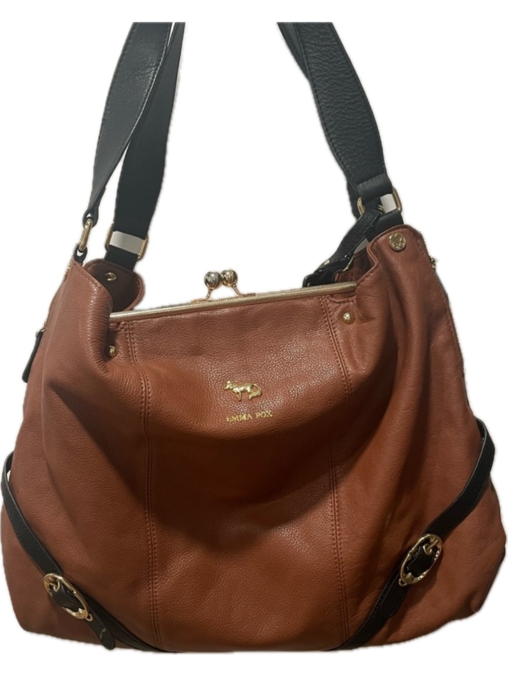 Emma Fox Large Cognac Pebbled Leather Hobo Shoulder Bag Black Trim Gold Hardware - Picture 9 of 13